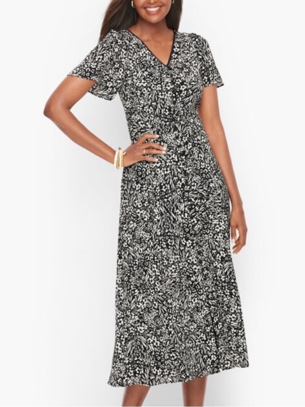 TALBOTS Women’s Black & White Floral Printed Midi Dress. Size 14. NWT.